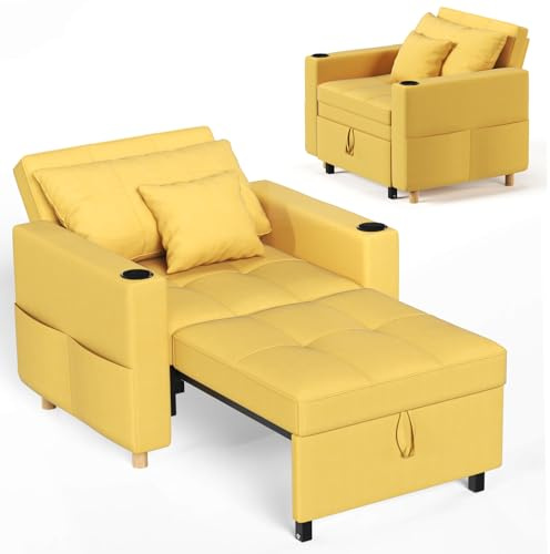 YODOLLA 3-in-1 Pull Out Sleeper Chair Bed 97cm Single Sofa Armchair, Yellow