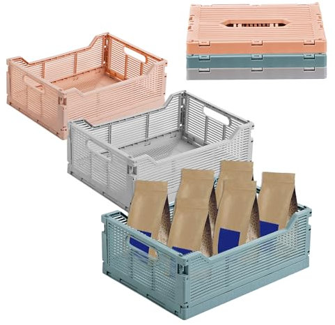 3 Pcs Plastic Folding Storage Crates, Mini Foldable Storage Basket, Collapsible Crate with Handles Plastic Stackable Storage Boxes for Bedroom, Office, Home, Kitchen, Bathroom (22×15×9cm)