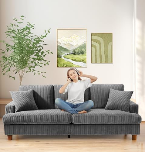 Kidirect 221CM Sofa, Bequemes Cord-Sofa Couch 53CM Extra Tiefe Sitze, Sofa Wohnzimmer Werkzeugfreie Montage, Big Sofa 3 Sitzer mit 2 Kissen, Modernes Couch fürs Büro/Schlafzimmer (Grau)