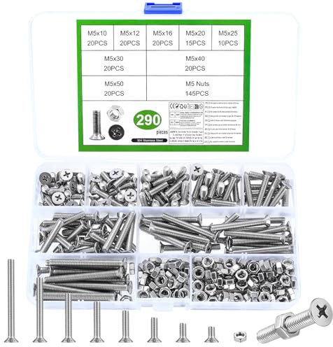 Juego de 290 tornillos M5, tornillos de cabeza avellanada, juego de tuercas de acero inoxidable, tornillos de cabeza plana con tuercas, tornillos Phillips, surtido de tornillos y tuercas (M5)