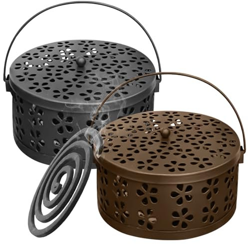 2 Stück Mückenspirale Halter, Moskito Spulenhalter, Ø15CM Räucherstäbchenhalter, Metall Sandelholz Halter, Mückenspirale Behälter mit Griffdeckel, Aromatherapie Halter für Zuhause, Camping, Reisen