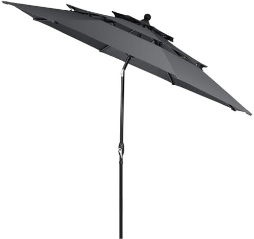 GOPLUS Parasol de terrasse extérieur de 300 cm avec toit à trois, parasol excentrique 30°, protection UV, parasol de jardin avec manivelle, résistant au vent, sans base, gris, 300 cm x 252 cm (L x H)