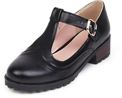 GooMaShoes Women's T Strap Buckle Oxford Mary Jane Shoes, Wingtip Low Chunky School Oxford Shoes, Platform Heels Oxfords Pumps (Black, UK 6)