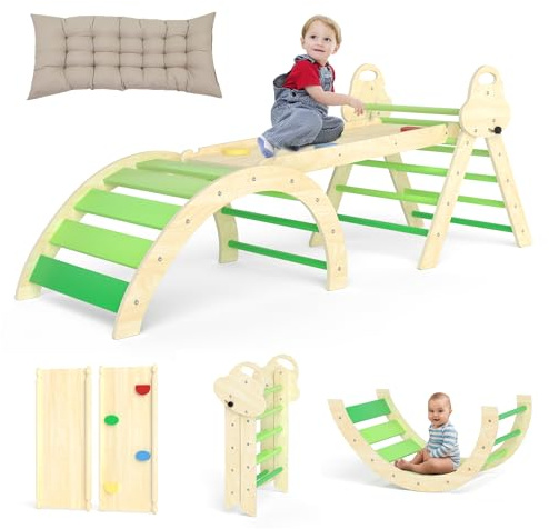 Puecrof Triángulo de Escalada Montessori 7 en 1 con Almohada, Juguete de Escalada de Madera para niños de 1 a 3 años, Arco de Escalada Interior con tobogán, Escalera y Arco de Juego (Verde)