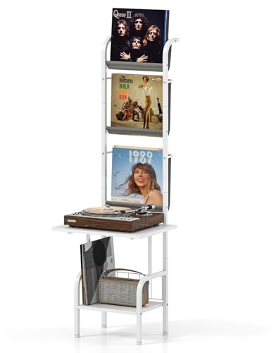 GIANTEX Soporte para Tocadiscos con 2 Estantes Abiertos y 3 Bolsas para Discos, 50 x 51 x 145 cm, con Kit Antivuelco, Estantería para Vinilos para Salón, Dormitorio, Estudio (Blanco)