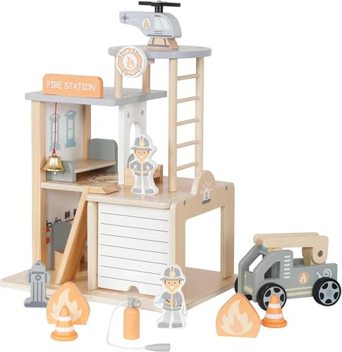 BLUEBRIT Wooden Fire Station Play Set - Fire Station with Helicopter Landing Area, Fire Engine, Helicopter, 2 Figures & Accessories - Children's Toy from 3 Years (Fire Station)