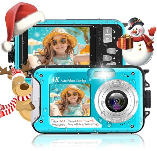 Unterwasserkamera, Yixinxin Digitalkamera wasserdichte UHD 4K 64MP Autofocus mit Einer 32GB Karte Selfie Doppelte Bildschirme wasserdichte Kamera zum Schnorcheln