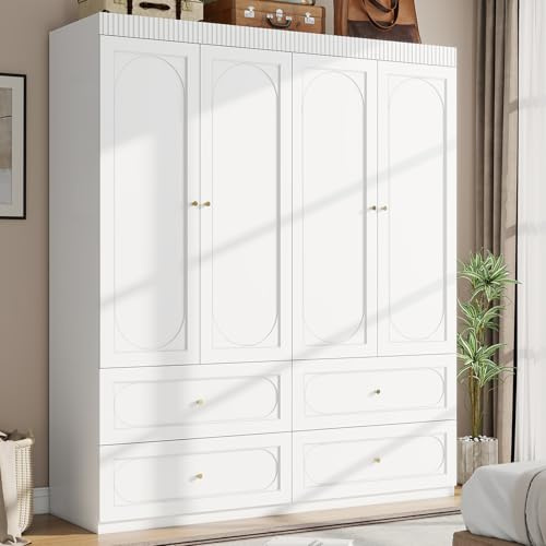 Vrmuxita Armoire Wardrobe Closet with Drawers: 74 Inch Tall 4 Door Armoire Wardrobe Closet with 4 Drawers, Wood Modern Wardrobes Cabinet for Bedroom (White)