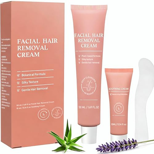 Facial Hair Removal Crem for Women & Men, Sensitive Skin 2-In-1 Painless Hair Removal Cream Kit with Soothing Cream, No Shave Depilatory Cream, Face & Upper Lip, Sideburns & Body, Gentle Formula