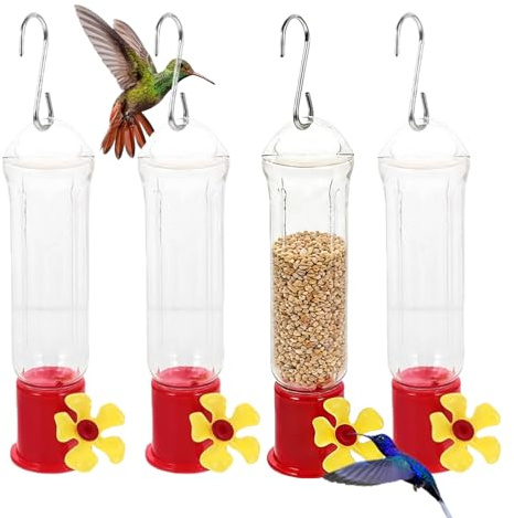 Distributore per esterni – 4 stazioni di cibo trasparenti | Mini abbeveratoio a prova di formiche e con ganci inossidabili | Set decorativo per terrazza, giardino e cortile