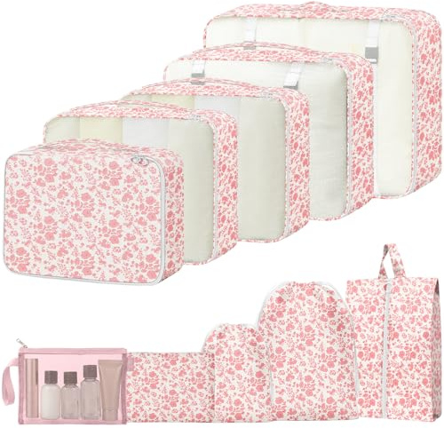 10PCS Packing Cubes for Suitcases, Travel Organiser Packing Bags for Clothes Shoes Toiletries Travel Luggage Organizers Storage Bags (Pink Flower)