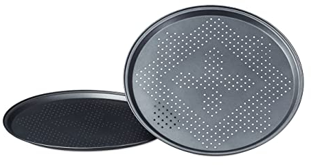 Relaxdays Pizzablech mit Perforation im Set runde Pizzabackbleche mit extra großem Durchmesser: ca. 29 cm Backbleche für Pizza und Flammkuchen Pizza Backset im 2er Set antihaftbeschichtet, anthrazit