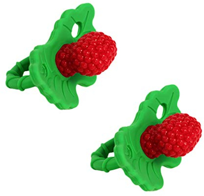 RaZbaby RaZberry Silicone Teether Pacifier – Teething Relief for Infants, Food-Grade, BPA-Free, Hands-Free, Natural Berrybumps Fruit Texture for Sensory Development, Freezable, 2-Pack - Red/Green