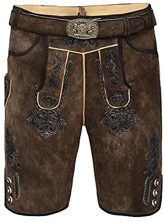 Edelnice Trachtenmode Bayerische Traditionelle Kurze Lederhose Fabian mit passendem Trachtengürtel aus Ziegenleder Gr. 46-64 (62) Braun