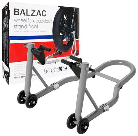 BALZAC - Cavalletto Moto Anteriore in Acciaio | Portata 200KG | Per Pneumatici 15-25cm | Regolabile | 4 Ruote | Montaggio Semplice