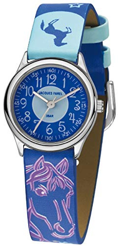 Jacques Farel HCC 338 - Reloj de pulsera para niños (analógico, cuarzo, metal, piel sintética), diseño de caballo, estrellas, color lila y azul