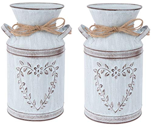 2Pcs Flower Vases, Shabby Chic Home Accessories, Galvanized Metal Milk Can, Farmhouse Bucket Planter with Love-Shaped for Floral Arrangements,Table Centerpiece - 7.6''H