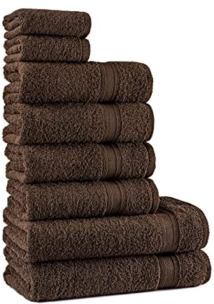 Tuiste Handtücher Set Braun Schokoladenbraun |%100 Baumwolle Handtuch Set 8 Teilig | 2X Badetücher (70x140), 4X Handtücher (50x90), 2X Gästetücher (30x50) | Weich und Saugstark | Farbe : Dunklebraun