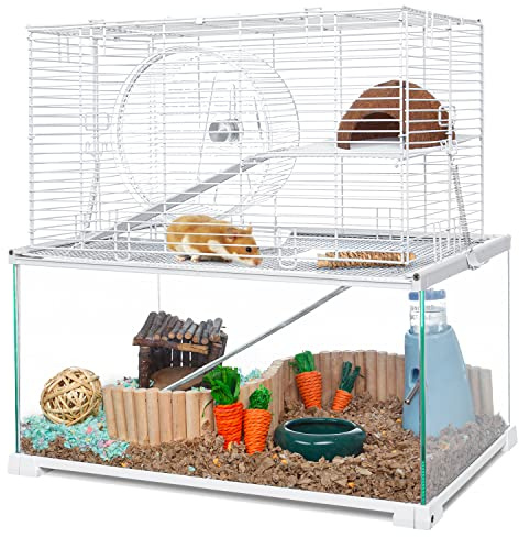 OIIBO 3 Tiers Large Hamster Cages Glass, Heightened Wire Topper with Two Shelf and Two Ladders Ramps, Openable Top, Easy to Clean Removeable Waterproof PVC Tray Medium