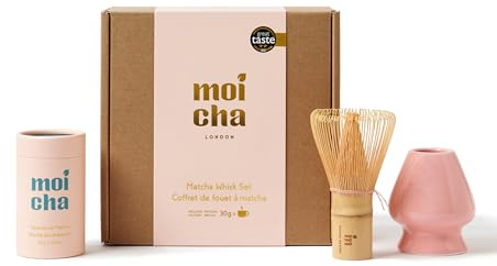 Matcha Tea Set Whisk Starter Kit by Moicha - Bamboo Matcha Whisk + Ceramic Whisk Holder + Premium Matcha Green Tea Powder 30g - Green Tea Gift Set