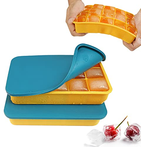 Lot de 2 Bac a Glacon en Silicone Empilable, Bac a Glacons avec Couvercle Bebe Certifié LFGB et sans BPA, Bacs à Glaçons Carrés Faciles à Retirer (Bleu-Jaune)