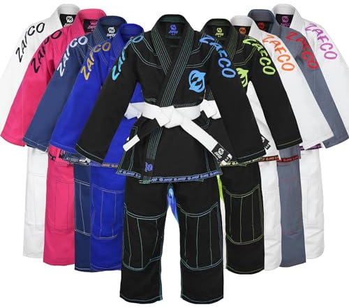 Zafco Sports Brazilian Jiu Jitsu, Kids Jiu Jitsu Gi Children BJJ Gi Grappling Kimonos Lightweight White Belt (Black/Sky-blue, K0)