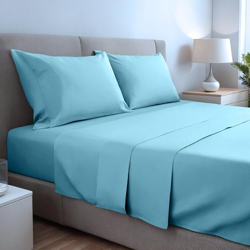 Juego de Sábanas 4 Piezas 135x190/200. Sábanas de Cama de Poliéster Microfibra cepillada. Sábana Plana, Sabana Bajera Ajustable y 2 Fundas de Almohada. Color Agua