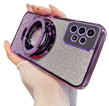 QIWEIQING Compatible with Samsung Galaxy A13 4G Phone Case, Glitter Camera Lens Protector Bracket Stand Function Case Bling Shining Design Clear TPU Bumper Cover for Galaxy A13 4G. Purple DS