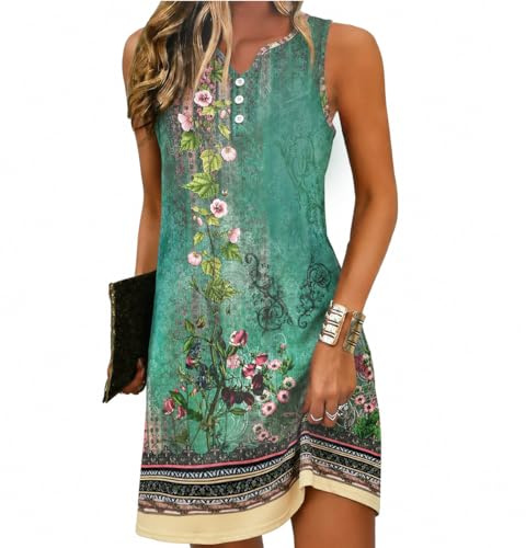 ROFUSSO Robes D'été pour Femmes Robe de Plage Boho Robe Débardeur Décontractée sans Manches Robe à Bretelles Bohème Elégante Mini Robe Fleurie à Col en V S-2XL