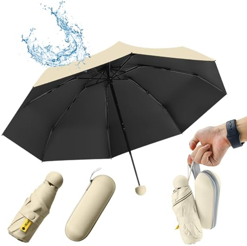 SLTAXAR Mini Ombrello,8 Costole Ombrello da viaggio pieghevole,Mini Ombrello da Tasca,Piccolo Ombrello Compatto,Ombrello da Sole,Ombrello Portatile Antivento con Custodia per donne e uomini, Beige