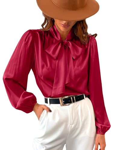 CUPSHE Blusa Camisa de Satén para Mujer con Lazo de Manga Larga Cuello Alto Brillante para Trabajo Blusas Casuales, rosso, L