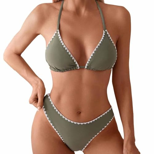 Bikini Femme, Ensemble Bikini Triangle Dos Nu À Bordure Contrastée Et Boutons Floraux, Maillot De Bain Deux Pièces, Bikini String(Green,S)
