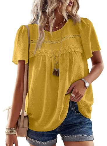 TUUHAW Femme Chemisier Boho Blouse Manches Courtes Col Rond Tunique Fluide | Dentelle T-Shirt, Décontracté Tops, Chemise Chic et Élégant, Été Fluide Hauts, Confortable T-Shirt, Vacances Formel Blouse