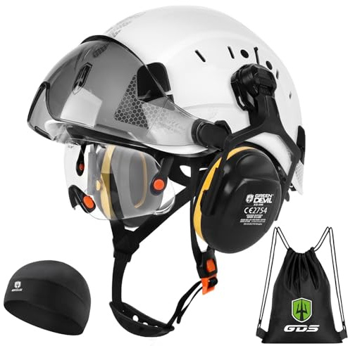 GREEN DEVIL Mervex - Casco de seguridad forestal con gafas de seguridad de doble cristal EN166 y silenciador EN352 SNR32dB, certificado EN397, material ABS unisex para jardinería, talas de madera y