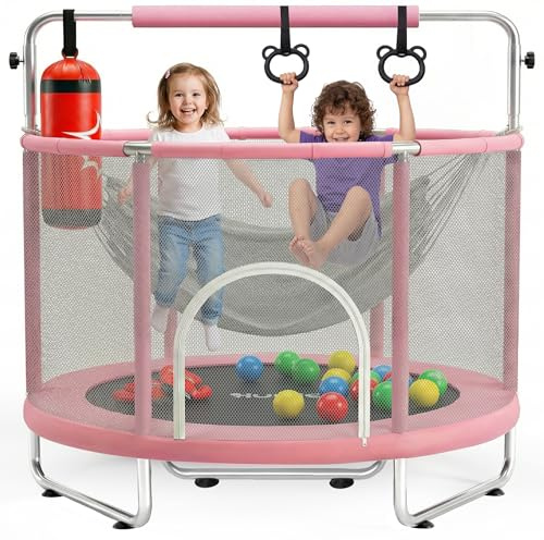 Hurtle Cama Elastica para Niños, Trampolin Infantil con Red de Seguridad, Capacidad de 199.5 kgs, Interior, Exterior, con Barra de Gimnasia Ajustable, Columpio, Saco de Boxeo y Anillos