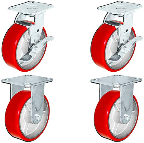 CasterHQ Set of 4 Heavy Duty Casters - 6 inch x 2 inch Casters with Red Polyurethane Tread On Steel Wheel - Great Toolbox Replacement Casters - Swivel with Brakes