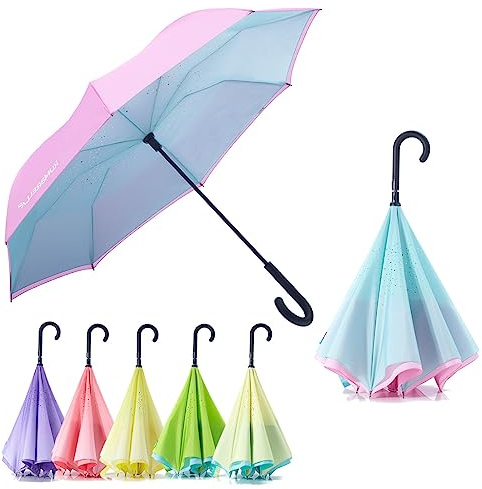 RUMBRELLA Reverse Umbrella Auto Close Windproof Car Umbrella Inverted with J Hook Handle for Women Girls, Pink Blue