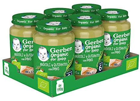 GERBER Organic Brócoli Guisantes Pavo, Tarritos 6x190g, a partir de 6 meses