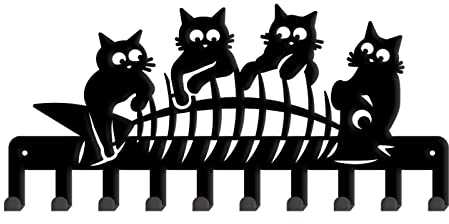 SUPERDANT Chat avec Os de Poisson Porte Clef Mural Chaton Mange Poissons Porte Clé Mural Décoratifs Crochets Muraux en Acier Inoxydable Noir Accroche Clef Mural avec 10 Crochets 25x10cm