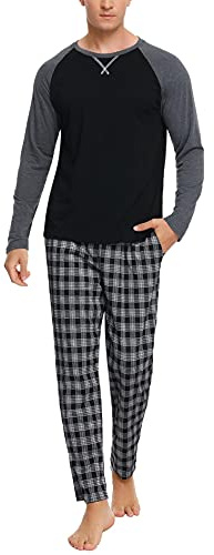 Litherday Pyjama Homme Hiver Ensembles de Pyjama Homme Coton Vêtements de Nuit à Manches Longues Haut et Pantalon à Carreaux A Noir M