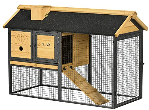 PawHut Conigliera Legno di Abete 2 Livelli 120x55.5x80 cm Gialla e Nera