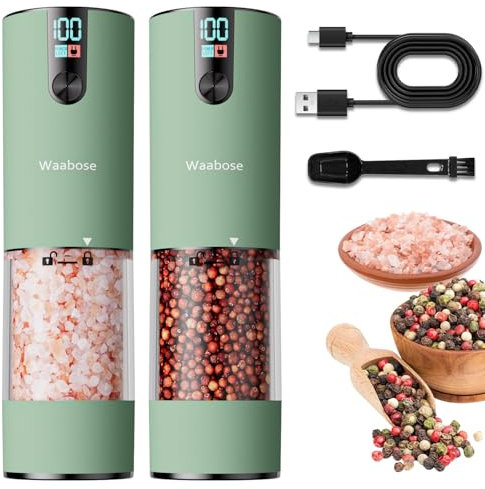 Waabose 2 st. salt och pepparkvarn, elektrisk, med justerbar keramisk kvarn från grov till fin I designkryddkvarn-set, automatisk, uppladdningsbar (grön)