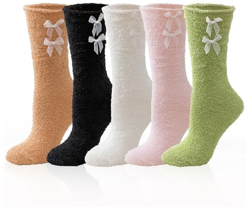 Hisonwel luddiga strumpor för kvinnor fluffiga vinter varma mjuka mysiga mikrofiber plysch hem sovstrumpor, 5 par stil E, one size