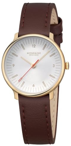 Mondaine Doppio Uhr 33mm Damen, Vintage-Charme, Quarzwerk, Saphirglas, Vegan, Schweizer Produktion, Recyceltes Material, Wasserdicht 5 ATM, Datum - Gold/Braun
