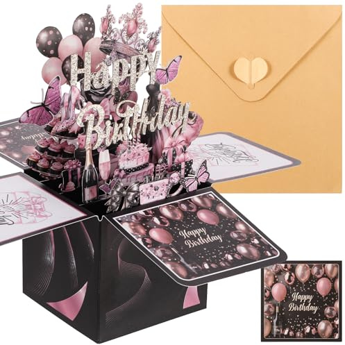 Birthday Cards for Women,3D Rose Gold Pop Up Greeting Cards,Pop-up Gift Card Box with Envelope,Personalised Happy Birthday Card for Mum,Daughter,Sister,Wife,Female Friend,Granddaughter
