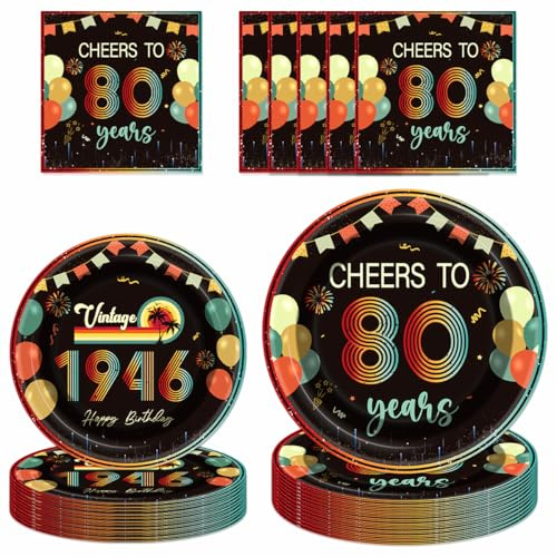 PURCAFT 72Pcs Vintage 80th Birthday Decorations Tableware Set Back in 1946 Paper Plates Napkins Cheers to 80 Years Disposable Tableware Decor for Women Men 80th Birthday Party Favor Serve 24 Guests