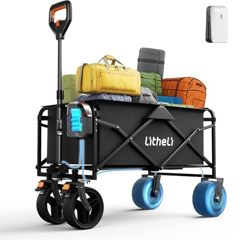 LiTHELi Carrello Elettrico Pieghevole, Carrello a Mano Pieghevole con Motore e Freni, Capacità 100L 50KG, Carrello Pieghevole Adatto per Campeggio, Giardino, Spiaggia, Shopping (Nero, W1 Go con 1