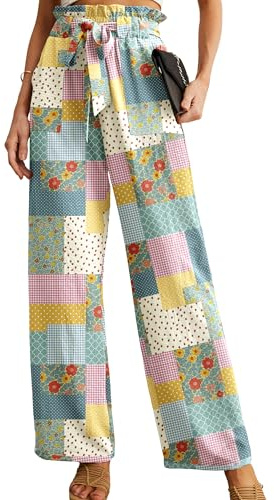 IWOLLENCE Unique Adjustable Knot Palazzo Pants, Women High Waist Lightweight Ankle Wide Leg Trousers with Pockets for Beach Work Lounge Colorful Patchwork Medium