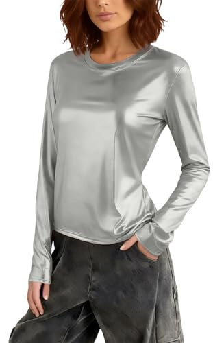 Camiseta metálica para mujer, camiseta básica de manga larga, corte ajustado, cuello redondo, parte superior, fiesta festiva, ropa brillante