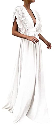 Vestidos de noche para mujer, cómodos, esenciales, informales, elegantes, vestidos de baile, largos, con cuello de pico, mangas con volantes, vestido midi escalonado, cintura A, vestido largo de